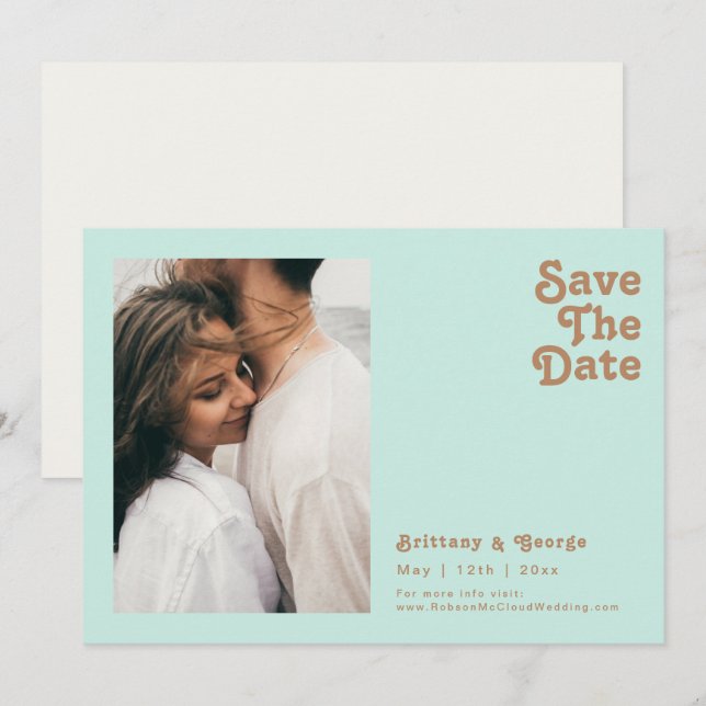 Retro Beach | Aqua Photo Horizontal Save The Date (Front/Back)