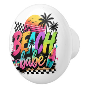 Retro Beach Babe Colorful Tropical Surf Design Ceramic Knob