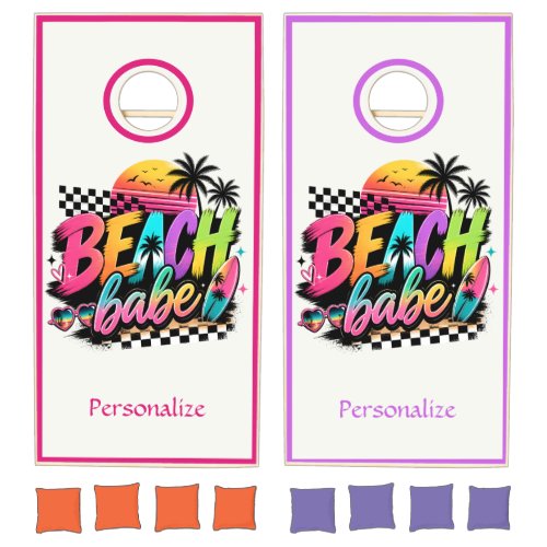 Retro Beach Babe Quote Tropical Vibes Colorful Cornhole Set
