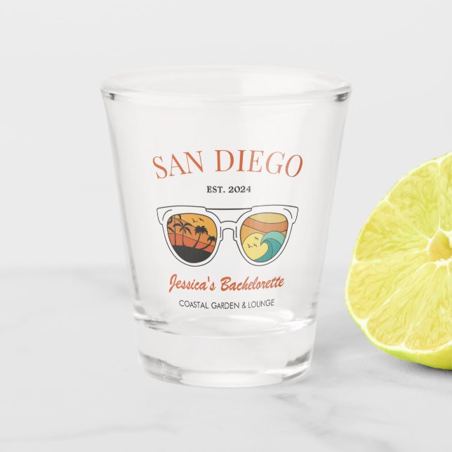 Retro Beach Bachelorette Custom Bridesmaid Gifts Shot Glass (Front)