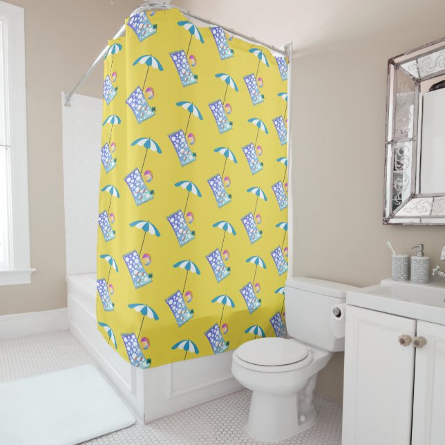 Retro Beach Ball Crab Towel Umbrella Custom Yellow Shower Curtain (In Situ)