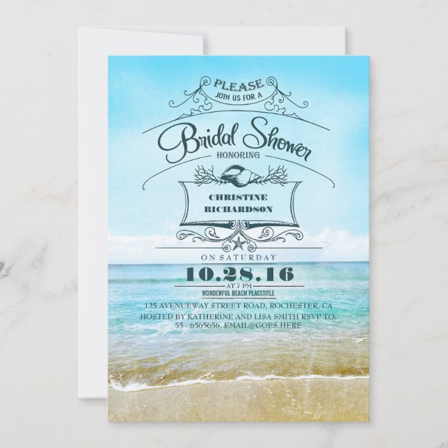 Retro beach blue ombre bridal shower invites (Front)
