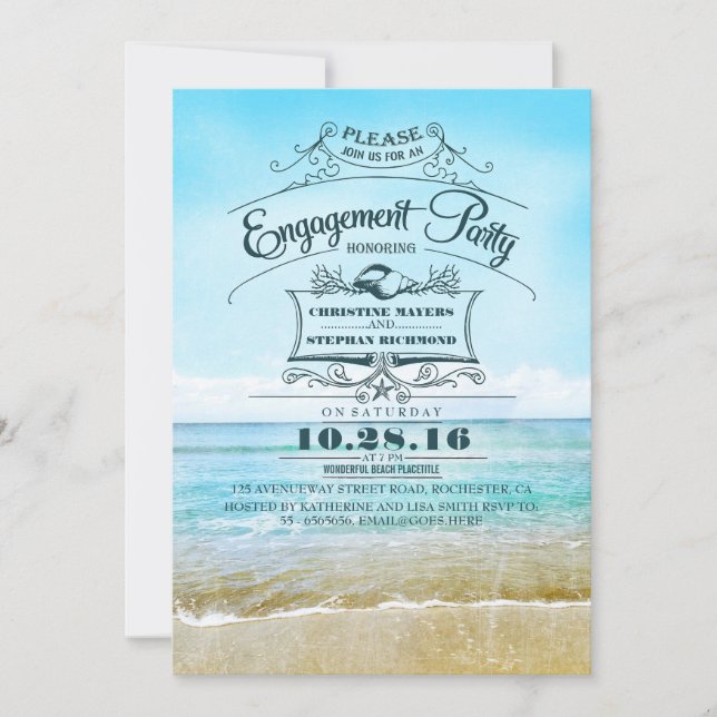 Retro beach blue ombre engagement party invites (Front)