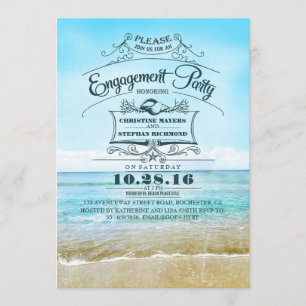 Retro beach blue ombre engagement party invites