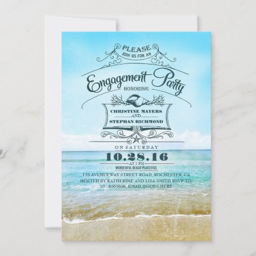 Retro beach blue ombre engagement party invites