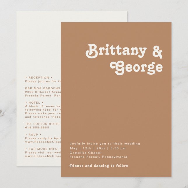 Retro Beach | Brown All In One Wedding Invitation (Front/Back)