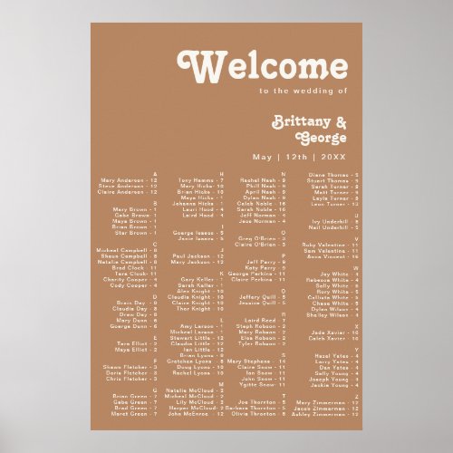 Retro Beach  Brown Alphabetical Seating Poster