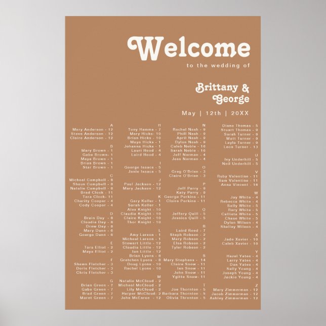 Retro Beach | Brown Alphabetical Seating Poster (Front)