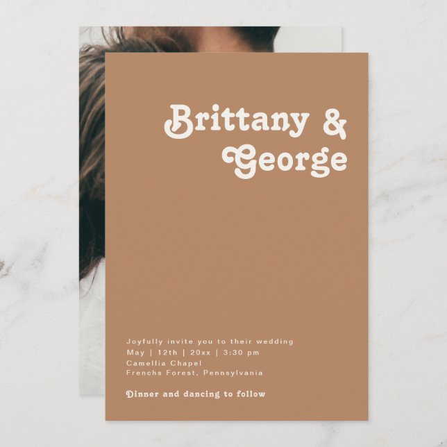 Retro Beach | Brown Casual Photo Monogram Invitation (Front/Back)