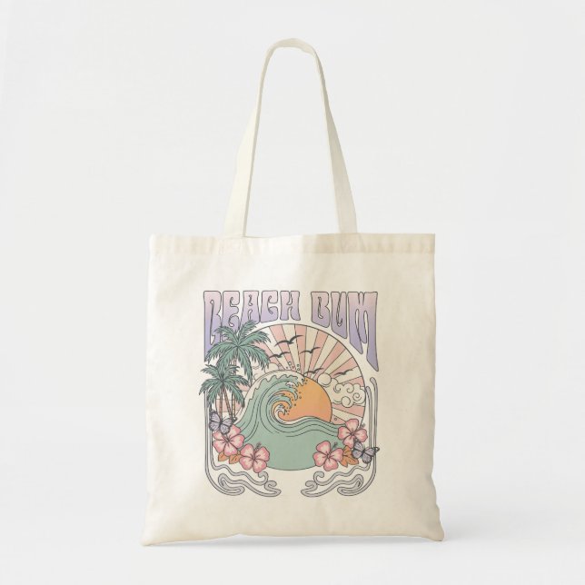 Retro Beach Bum Surf Design – Pastel Sunset & Wave Tote Bag (Front)