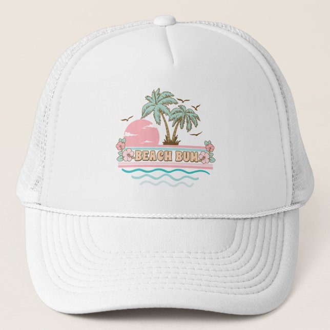Retro Beach Bum Tropical Theme Palm Trees Trucker Hat (Front)