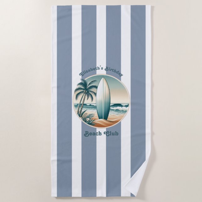 Retro Beach Club Birthday Custom Cabana Stripes Towel (Front)