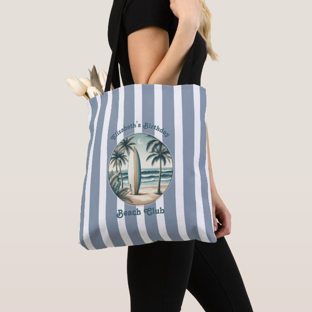 Retro Beach Club Birthday Striped Custom Party Tote Bag (Close Up)