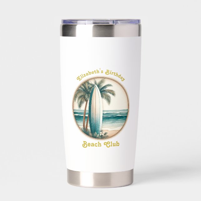 Retro Beach Club Surfboard Birthday Insulated Tumbler (Front)