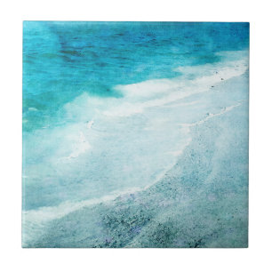 Retro Beach - Coastal Ocean Teal Blue Watercolor Ceramic Tile
