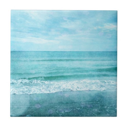 Retro Beach _ Coastal Ocean Teal Blue Watercolor Ceramic Tile