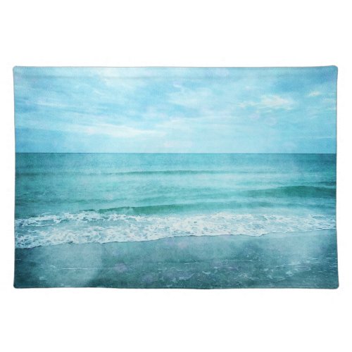 Retro Beach _ Coastal Ocean Teal Blue Watercolor Cloth Placemat