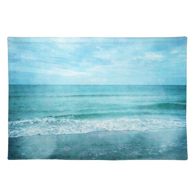 Retro Beach - Coastal Ocean Teal Blue Watercolor Cloth Placemat (Front)
