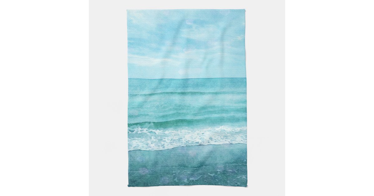 Retro Beach Coastal Ocean Teal Blue Watercolor Kitchen Towel Zazzle
