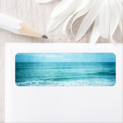 Retro Beach _ Coastal Ocean Teal Blue Watercolor Label