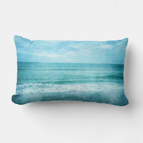 Retro Beach _ Coastal Ocean Teal Blue Watercolor Lumbar Pillow