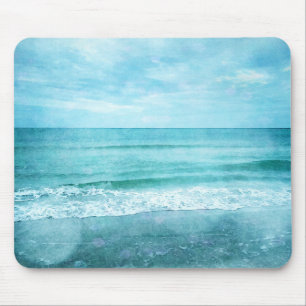 Retro Beach - Coastal Ocean Teal Blue Watercolor Mouse Pad