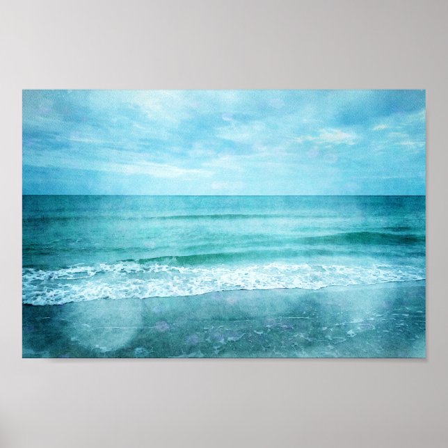 Retro Beach - Coastal Ocean Teal Blue Watercolor Poster (Front)