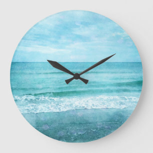 Retro Beach - Coastal Ocean Teal Blue Watercolor S Large Clock
