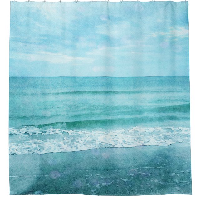 Retro Beach - Coastal Ocean Teal Blue Watercolor Shower Curtain (Front)