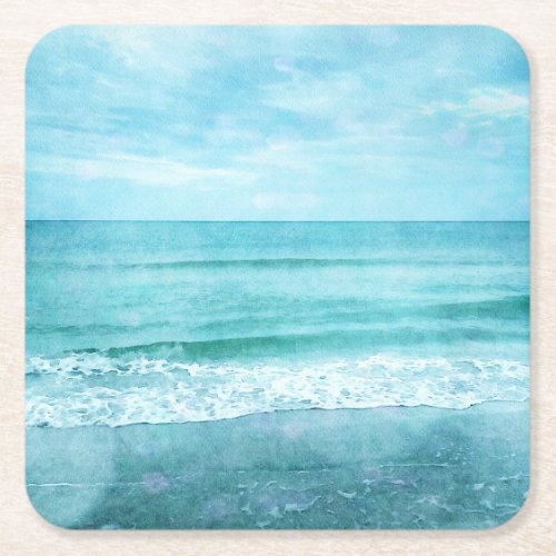 Retro Beach _ Coastal Ocean Teal Blue Watercolor Square Paper Coaster