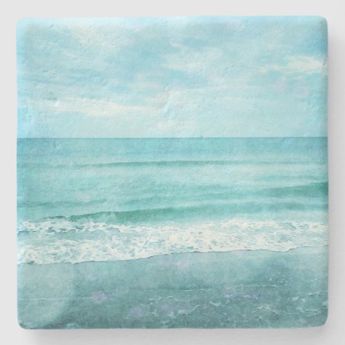 Retro Beach _ Coastal Ocean Teal Blue Watercolor Stone Coaster