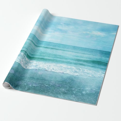 Retro Beach _ Coastal Ocean Teal Blue Watercolor Wrapping Paper