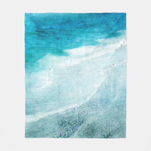 Retro Beach _ Coastal Teal Blue Ocean Watercolor Fleece Blanket