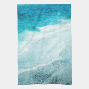 Retro Beach - Coastal Teal Blue Ocean Watercolor Kitchen Towel