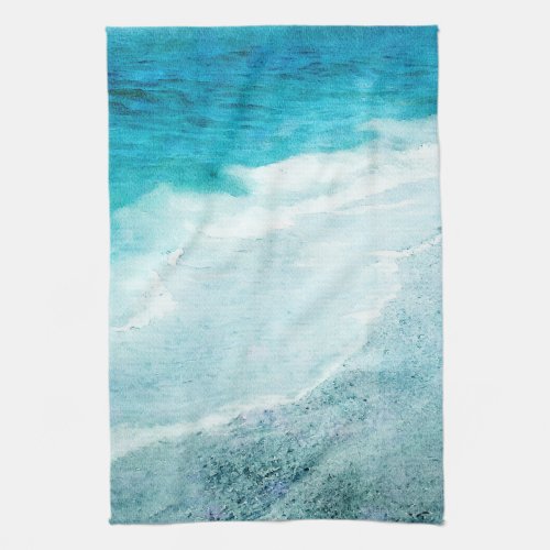 Retro Beach _ Coastal Teal Blue Ocean Watercolor Kitchen Towel