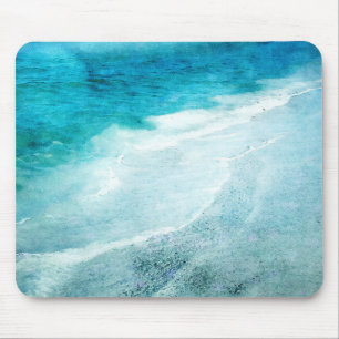 Retro Beach - Coastal Teal Blue Ocean Watercolor Mouse Pad