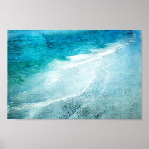Retro Beach _ Coastal Teal Blue Ocean Watercolor Poster