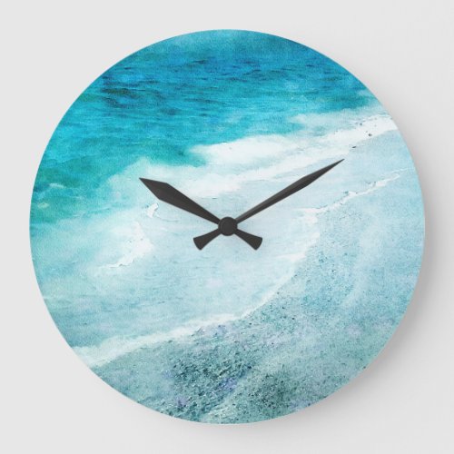 Retro Beach _ Coastal Teal Blue Ocean Watercolor S Large Clock