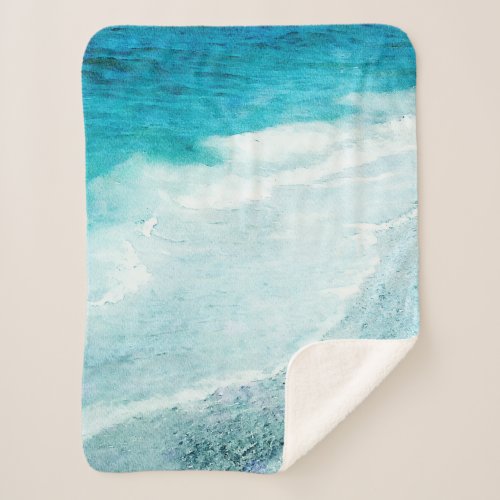 Retro Beach _ Coastal Teal Blue Ocean Watercolor Sherpa Blanket