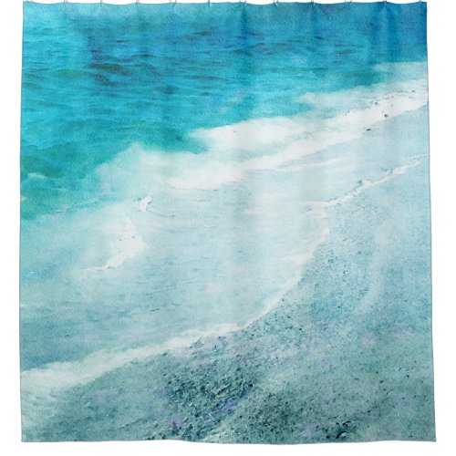 Retro Beach _ Coastal Teal Blue Ocean Watercolor Shower Curtain