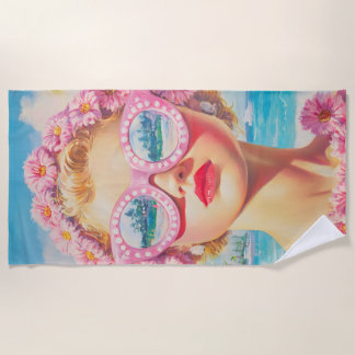 Retro Beach Girl with Floral Sunglasses Beach Towel