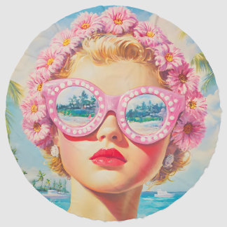 Retro Beach Girl with Floral Sunglasses Beach Towel