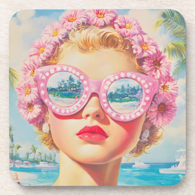 Retro Beach Girl with Floral Sunglasses Beverage Coaster (Front)