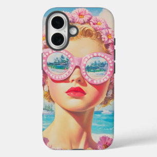 Retro Beach Girl with Floral Sunglasses iPhone 16 Case