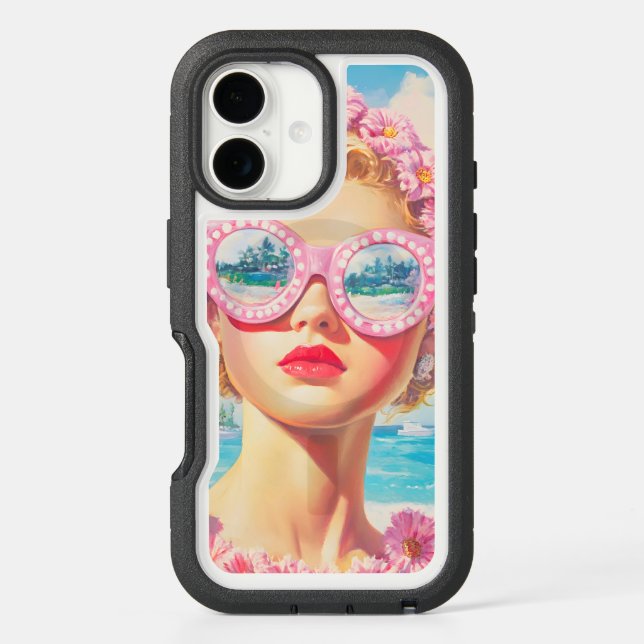 Retro Beach Girl with Floral Sunglasses Otterbox iPhone Case (Back)