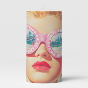 Retro Beach Girl with Floral Sunglasses Pillar Candle