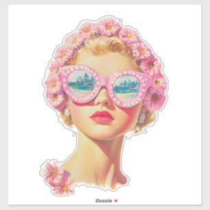 Retro Beach Girl with Floral Sunglasses Sticker