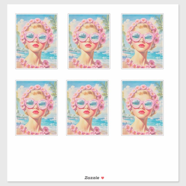 Retro Beach Girl with Floral Sunglasses Sticker (Sheet)