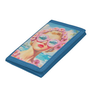 Retro Beach Girl with Floral Sunglasses Tri-fold Wallet