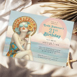 Retro Beach Glam 21st Birthday Party Invitation<br><div class="desc">Grab your favorite swimsuit and join us by the beach or pool for a retro fun 21st Birthday! This alluring invitation features a glamorous woman in sunglasses and floral wide brimmed hat posing along the beach in her floral swimsuit. The color scheme includes cool aqua teal with orange and yellow...</div>